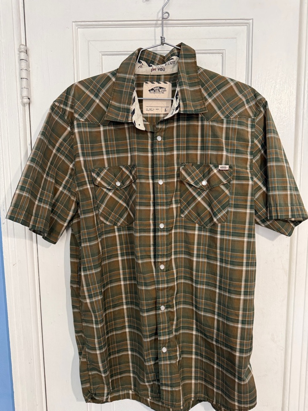 Vans Short Sleeve Olive and Brown Plaid Button-Down Shirt